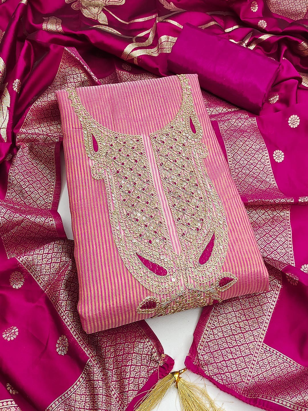 Sophisticated Pink Striped Weaving Shimmer Dress Material Highlighted By Cording Embroidery - Image 1