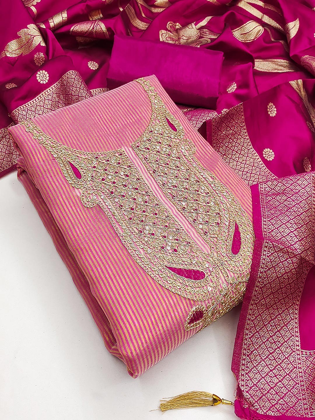 Sophisticated Pink Striped Weaving Shimmer Dress Material Highlighted By Cording Embroidery - Image 4