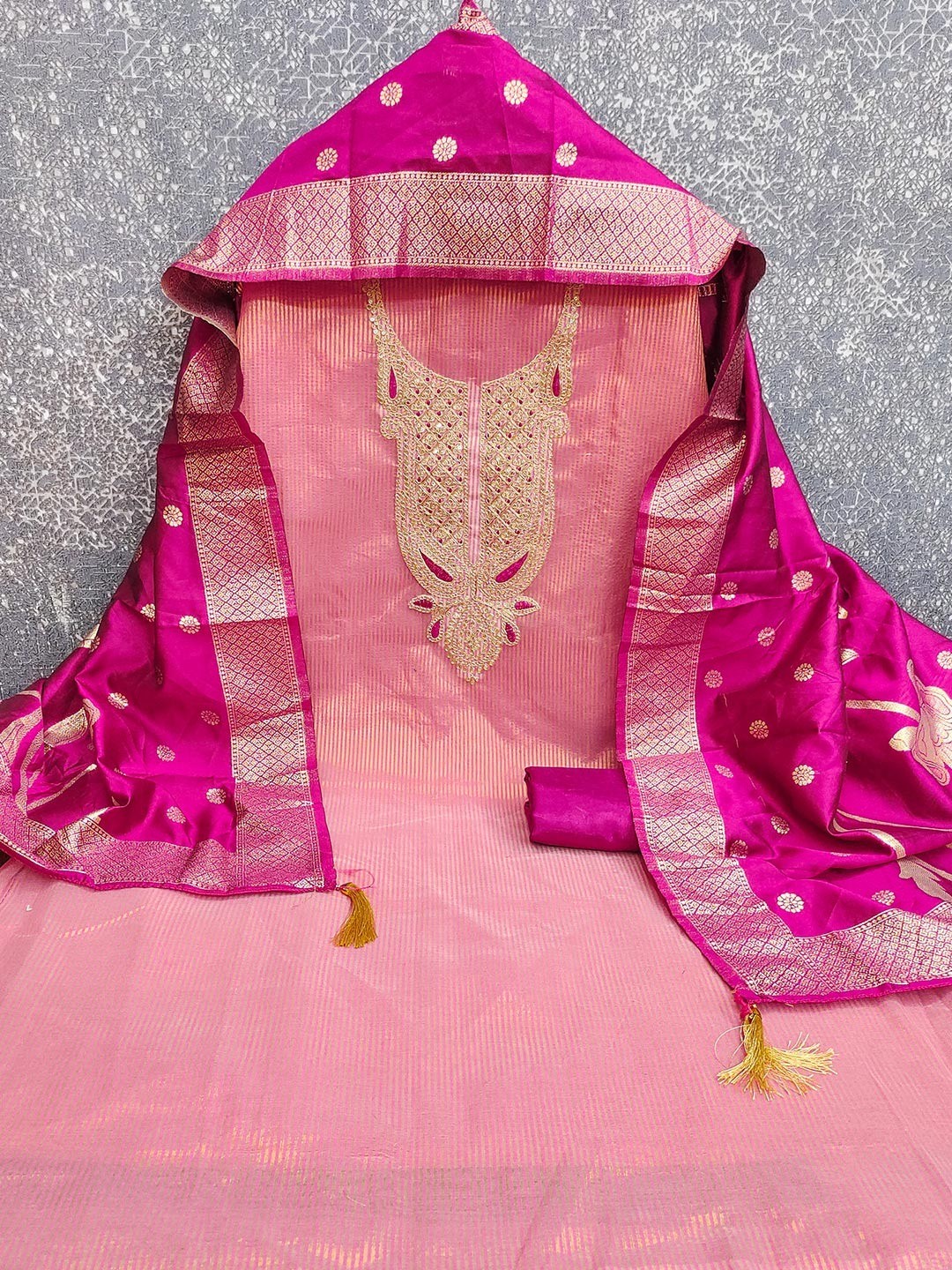 Sophisticated Pink Striped Weaving Shimmer Dress Material Highlighted By Cording Embroidery - Image 3