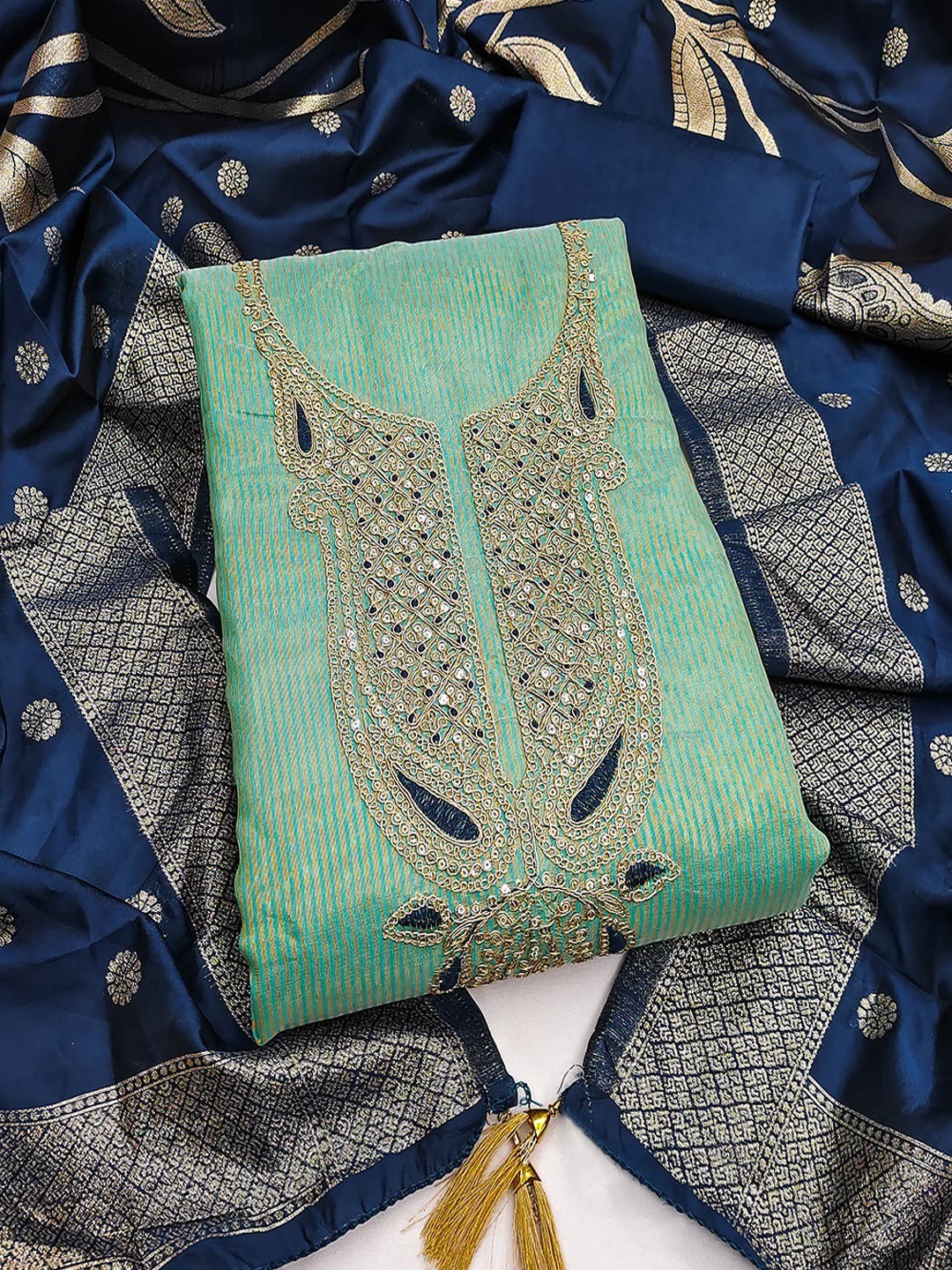 Sophisticated Turquoise Striped Weaving Shimmer Dress Material Highlighted By Cording Embroidery - Image 1