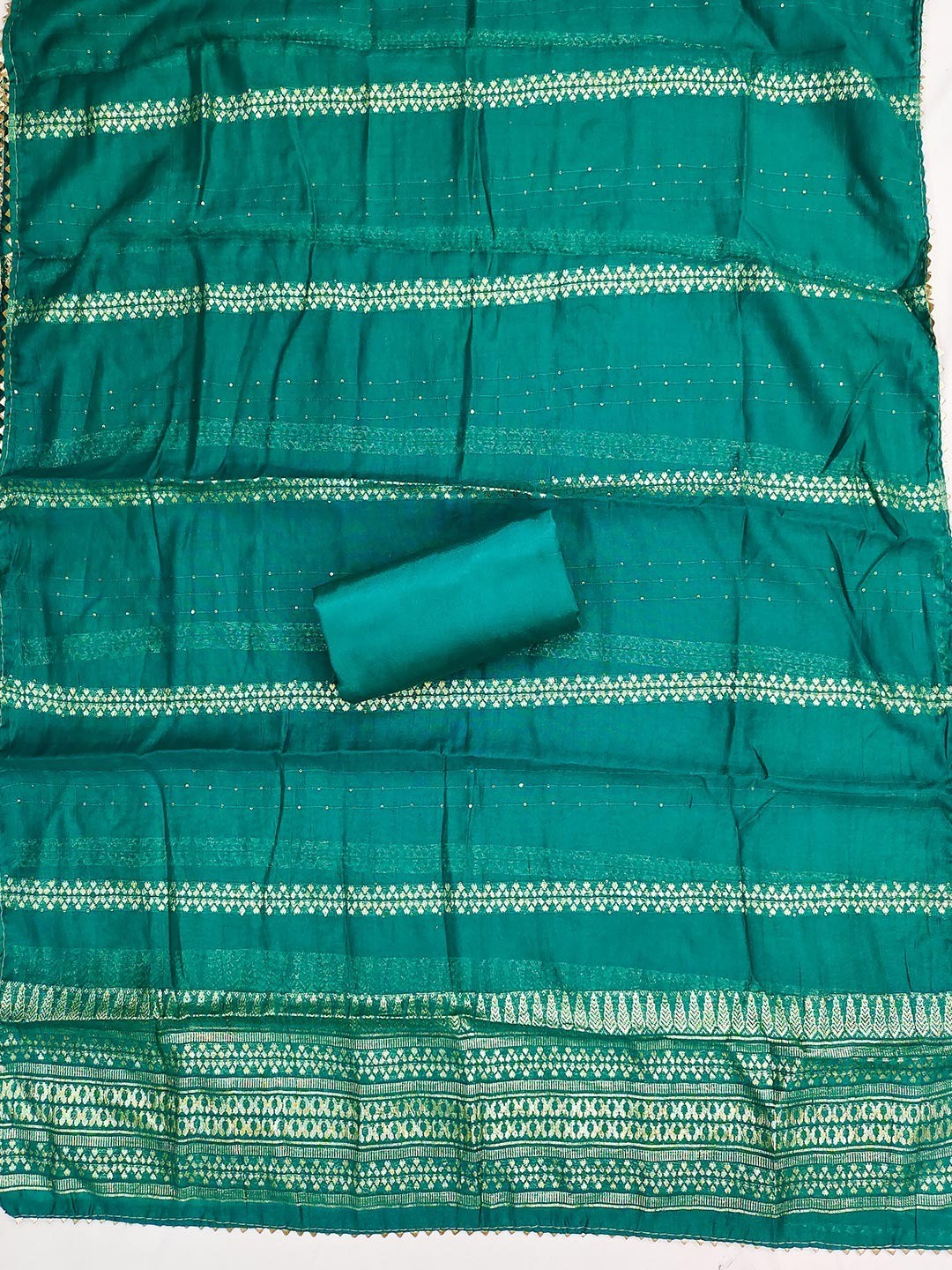 Timeless Ram Green Zig Zag Printed Art Silk Dress Material With Elegant Cording & Sequin Embroidery - Image 2