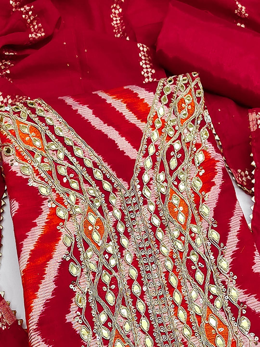 Timeless Red Zig Zag Printed Art Silk Dress Material With Elegant Cording & Sequins Embroidery - Image 5