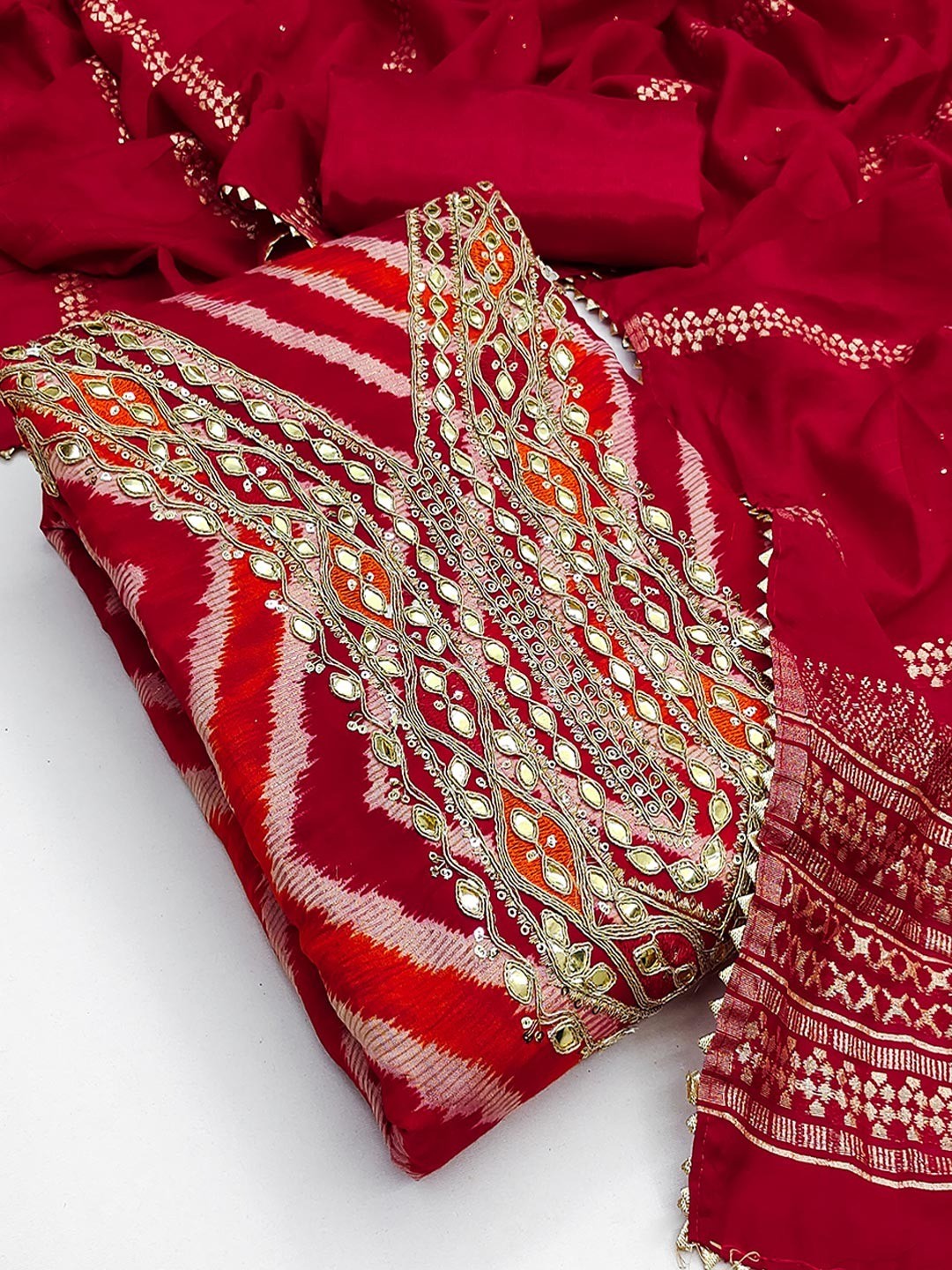 Timeless Red Zig Zag Printed Art Silk Dress Material With Elegant Cording & Sequins Embroidery - Image 4