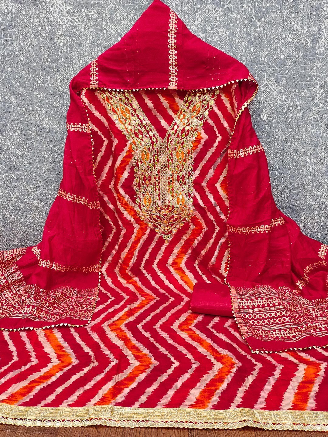 Timeless Red Zig Zag Printed Art Silk Dress Material With Elegant Cording & Sequins Embroidery - Image 3