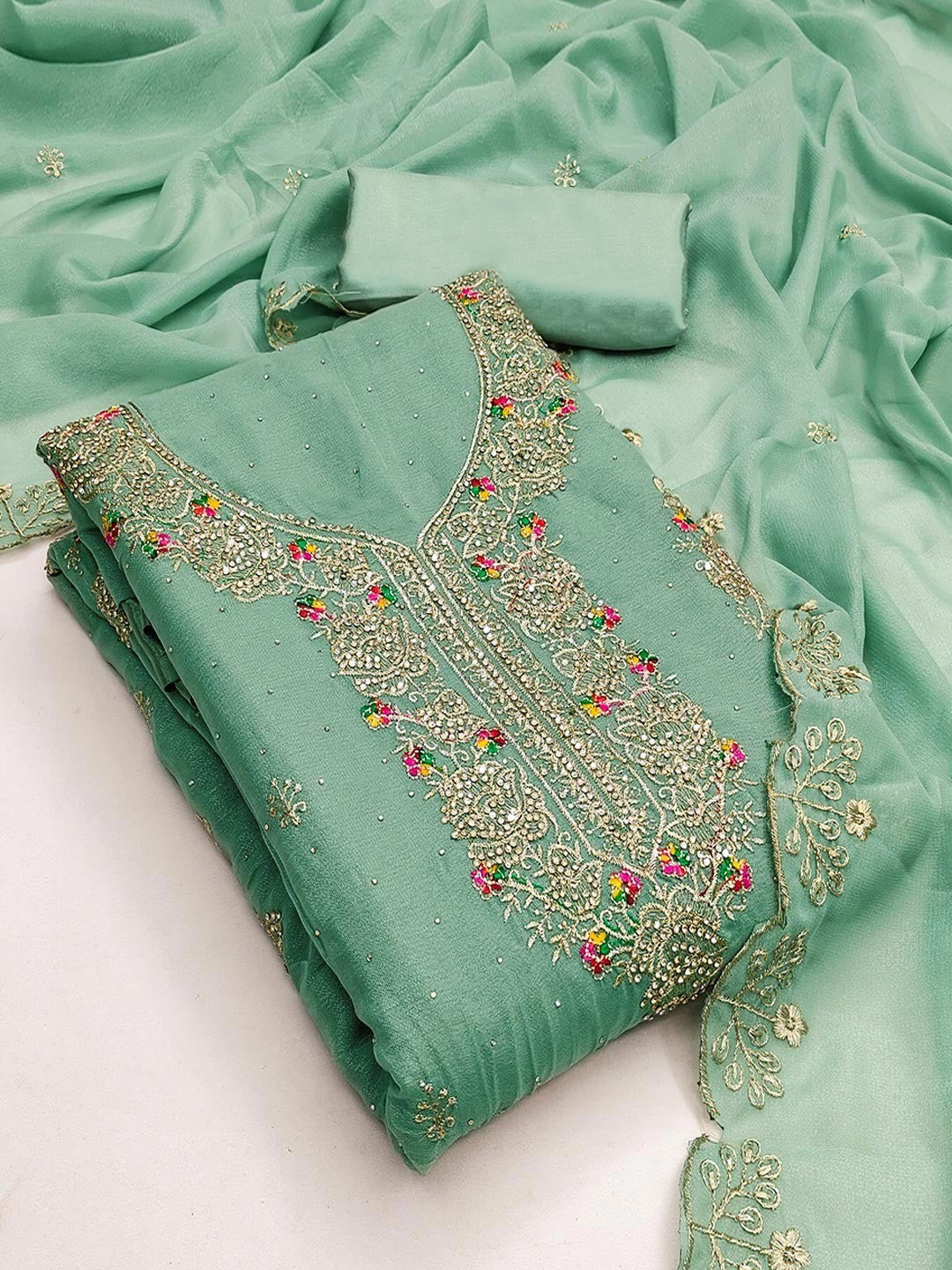 Green Floral Embroidery Georgette Dress Material With Shimmering Zarkan & Diamond Accents - Image 4