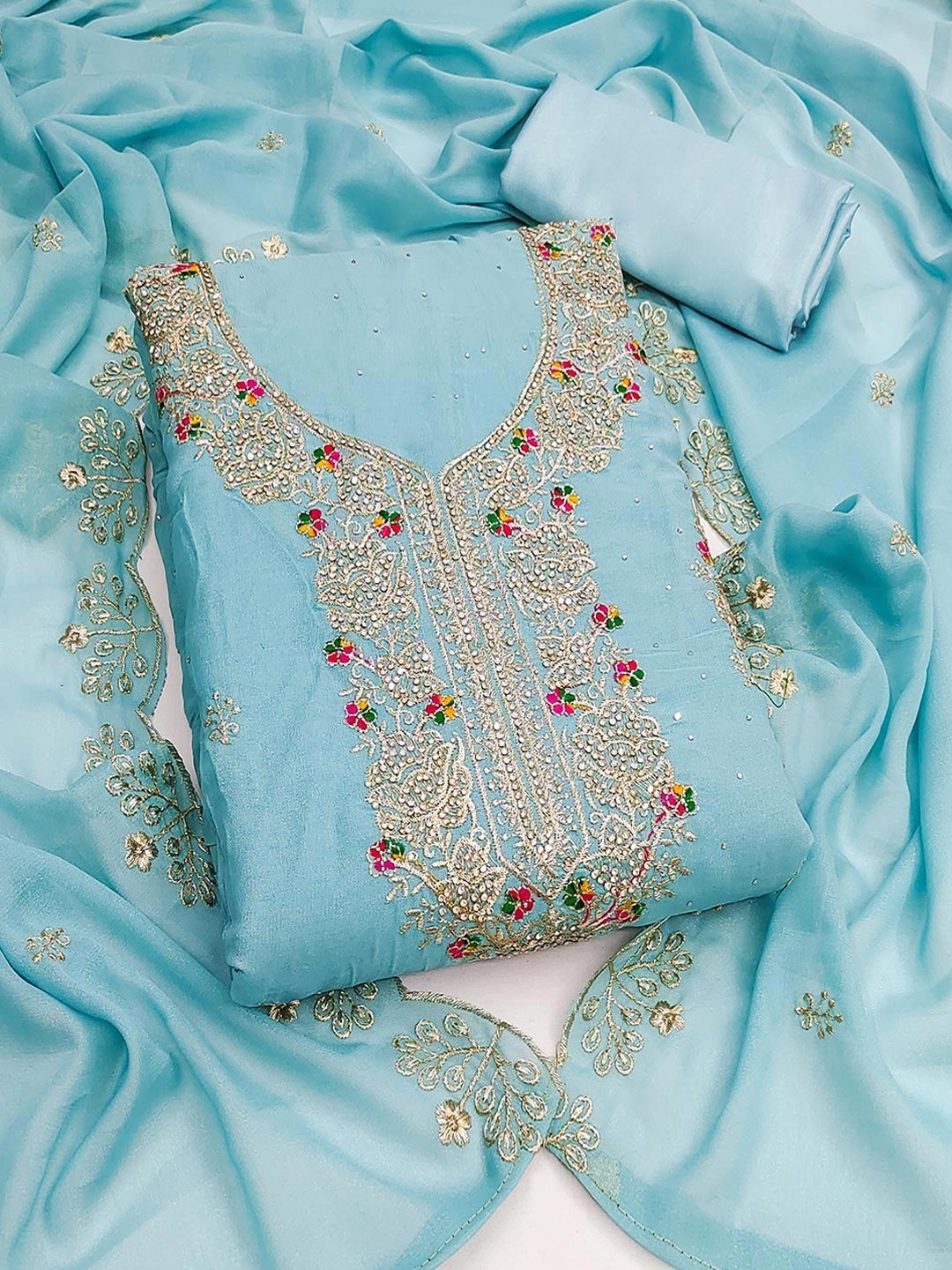 Blue Floral Embroidery Georgette Dress Material With Shimmering Zarkan & Diamond Accents - Image 1
