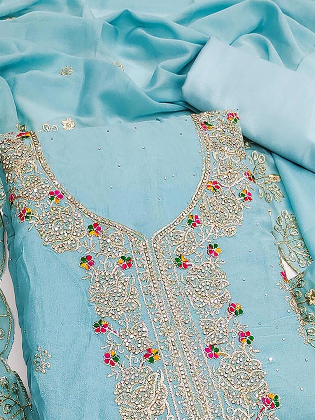 Blue Floral Embroidery Georgette Dress Material With Shimmering Zarkan & Diamond Accents - Image 5