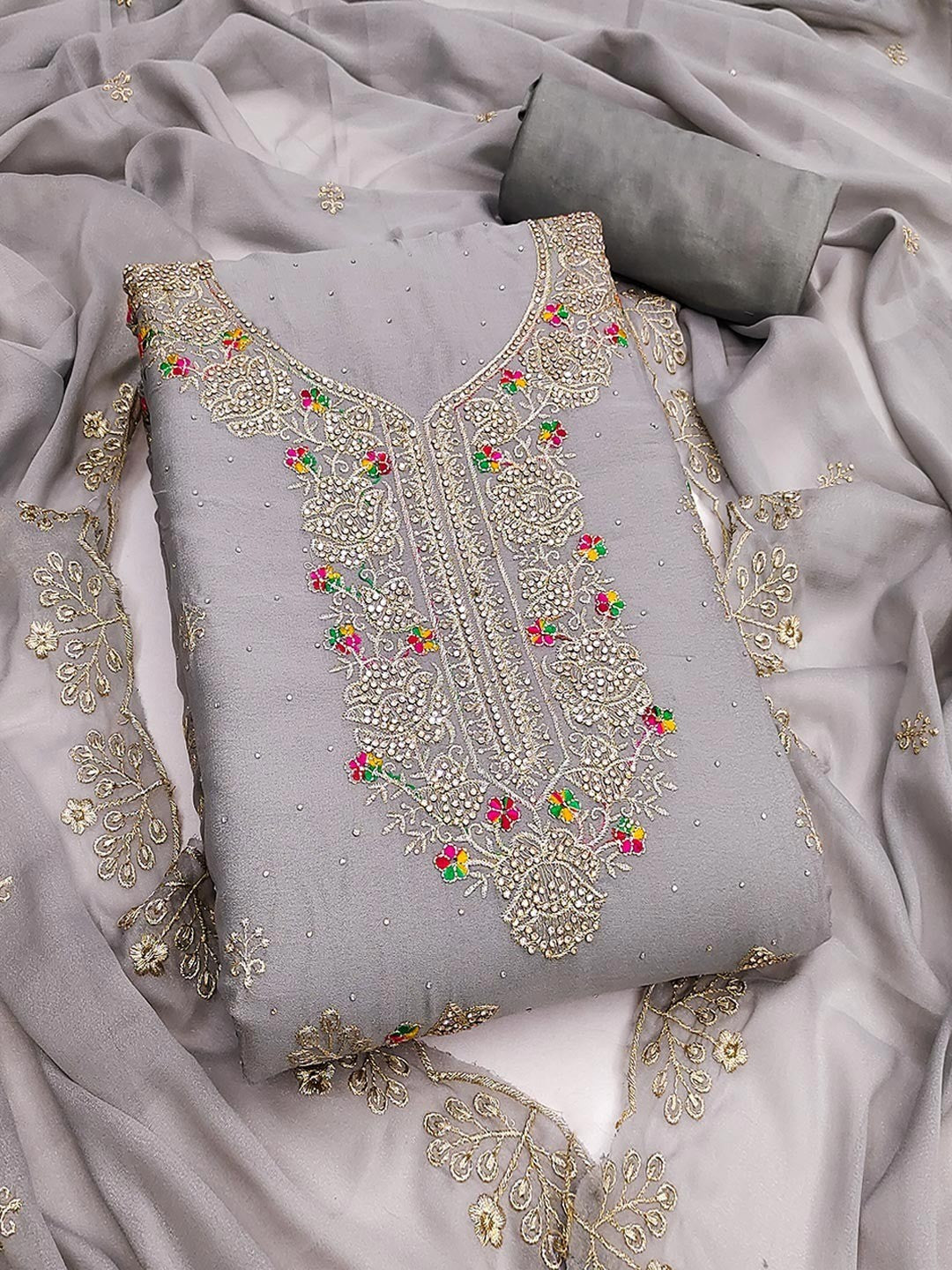 Grey Floral Embroidery Georgette Dress Material With Shimmering Zarkan & Diamond Accents - Image 1
