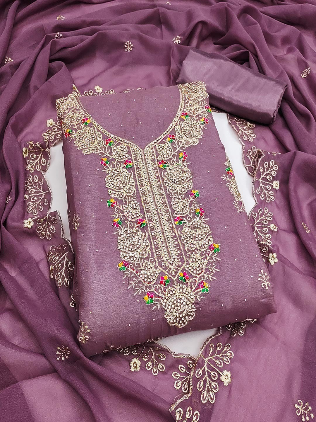 Onion Pink Floral Embroidery Georgette Dress Material With Shimmering Zarkan & Diamond Accents - Image 1