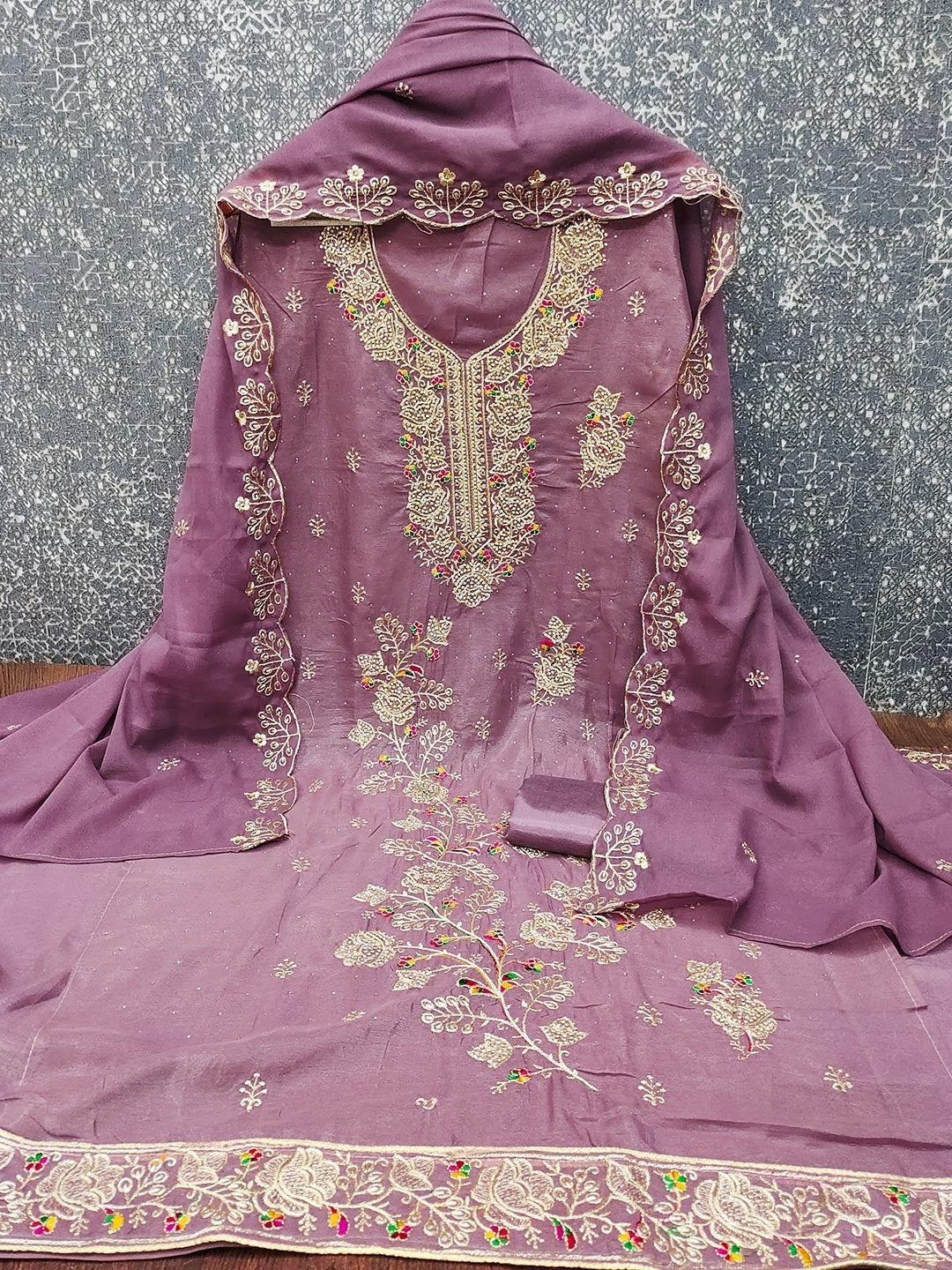 Onion Pink Floral Embroidery Georgette Dress Material With Shimmering Zarkan & Diamond Accents - Image 3