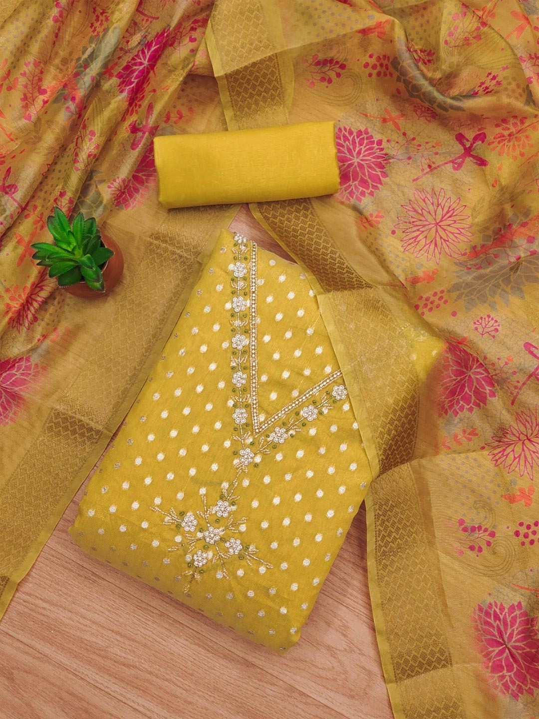 Luxury Mustard Woven Shimmer Dress Material Featuring Exquisite Moti Beads & Stone Embellishment - Image 1