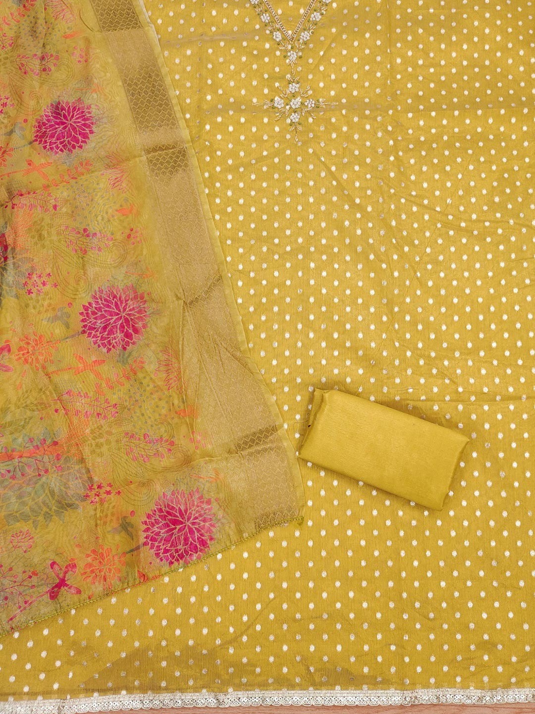 Luxury Mustard Woven Shimmer Dress Material Featuring Exquisite Moti Beads & Stone Embellishment - Image 3