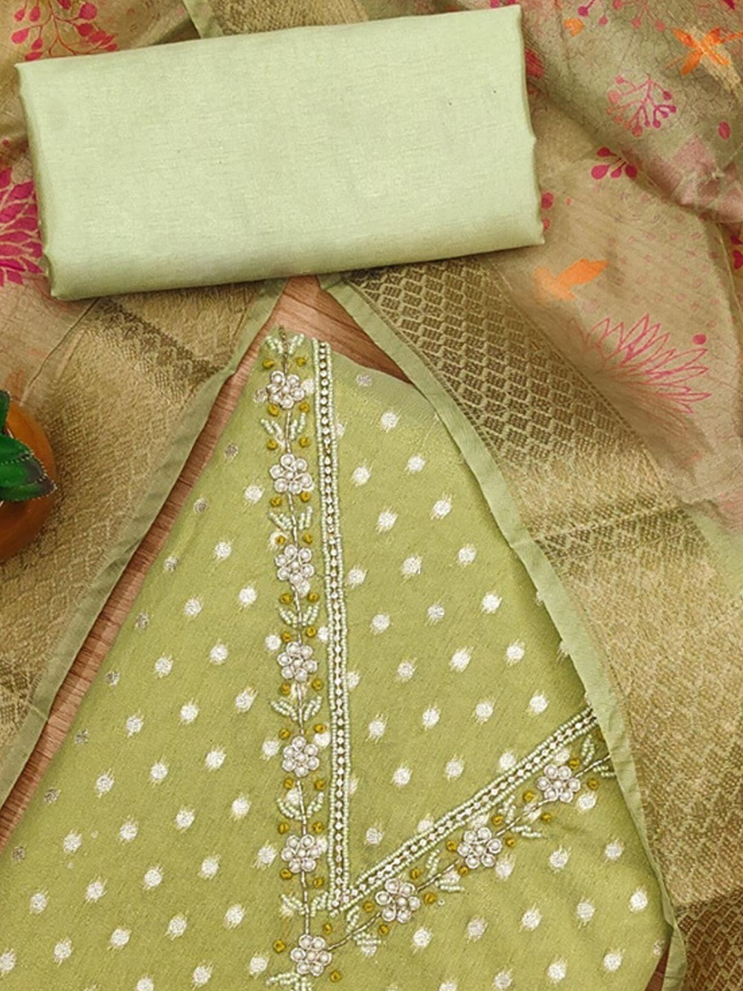Luxury Green Woven Shimmer Dress Material Featuring Exquisite Moti Beads & Stone Embellishment - Image 5