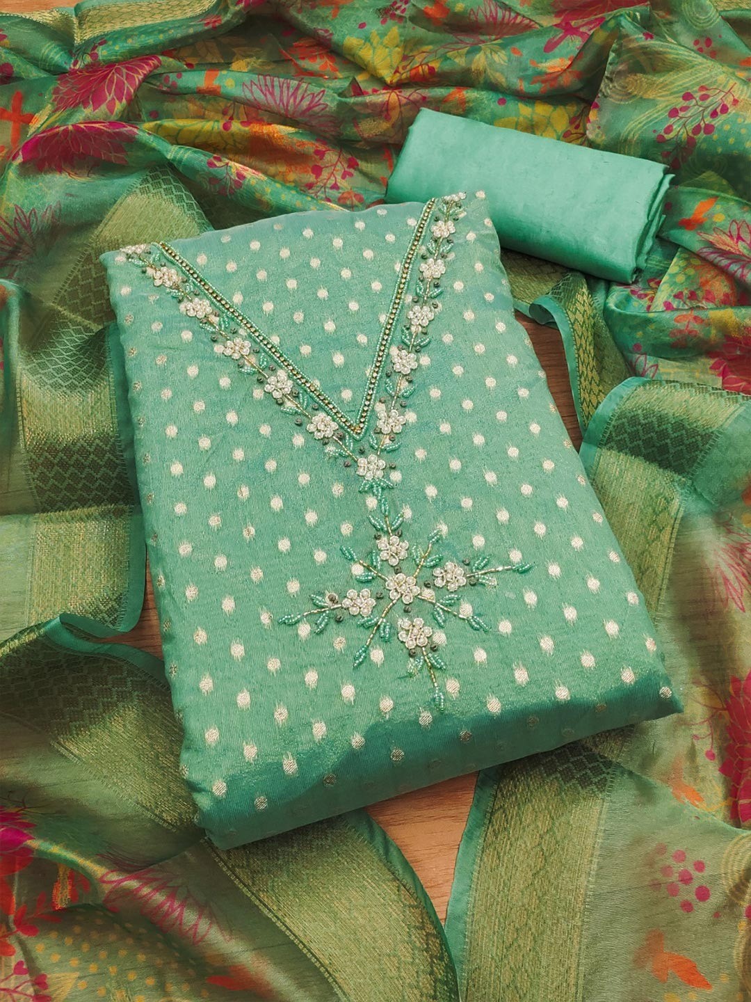 Luxury Turquoise Woven Shimmer Dress Material Featuring Exquisite Moti Beads & Stone Embellishment - Image 5