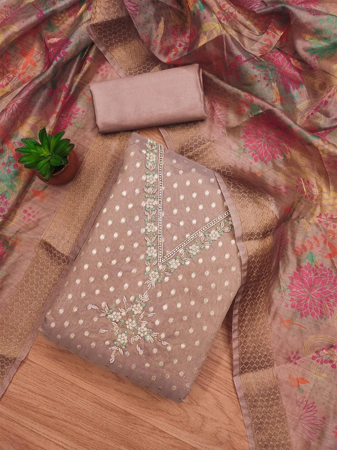 Luxury Mauve Woven Shimmer Dress Material Featuring Exquisite Moti Beads & Stone Embellishment - Image 1