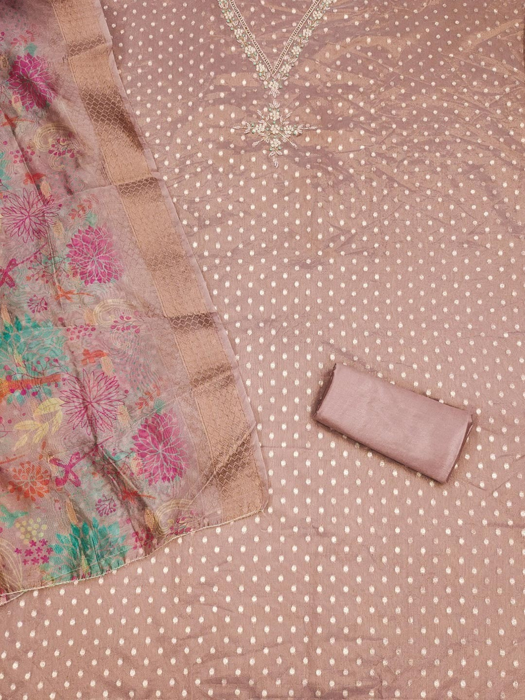 Luxury Mauve Woven Shimmer Dress Material Featuring Exquisite Moti Beads & Stone Embellishment - Image 3