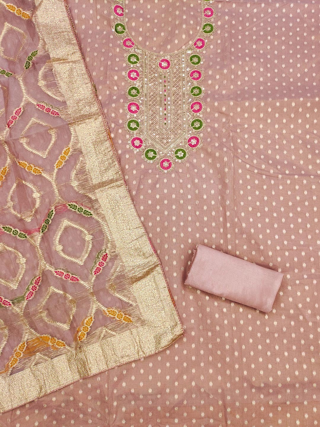 Graceful Mauve Floral Weaving Shimmer Dress Material Adorned With Cording Sequins Embroidery - Image 3