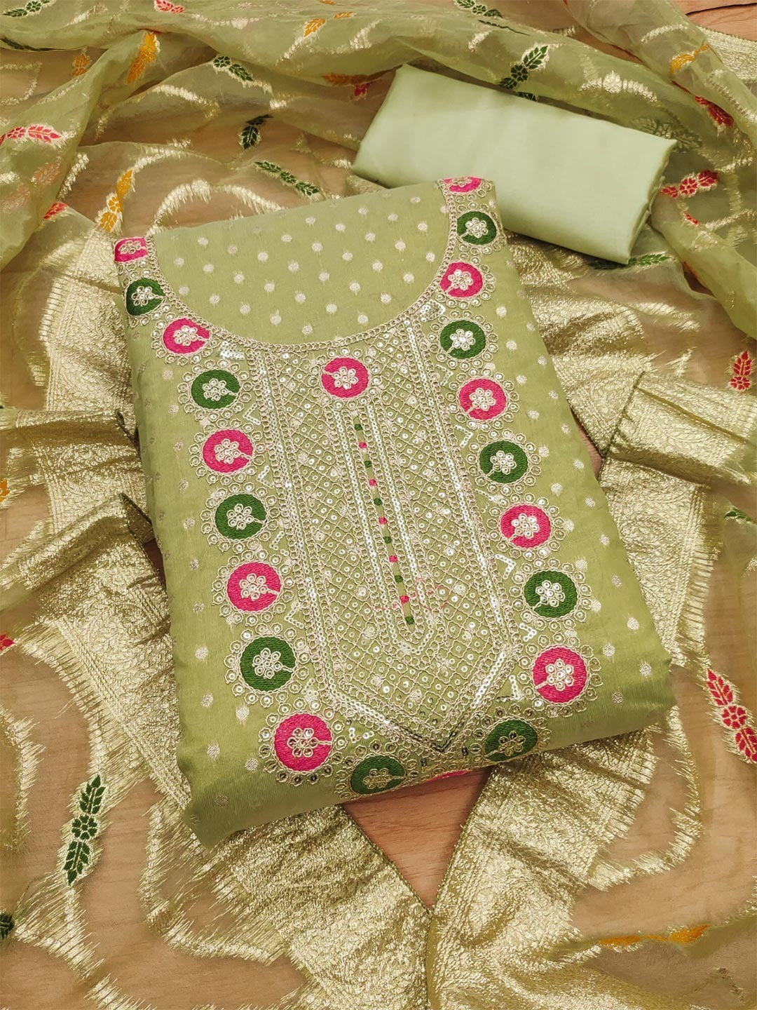 Graceful Green Floral Weaving Shimmer Dress Material Adorned With Cording Sequins Embroidery - Image 4