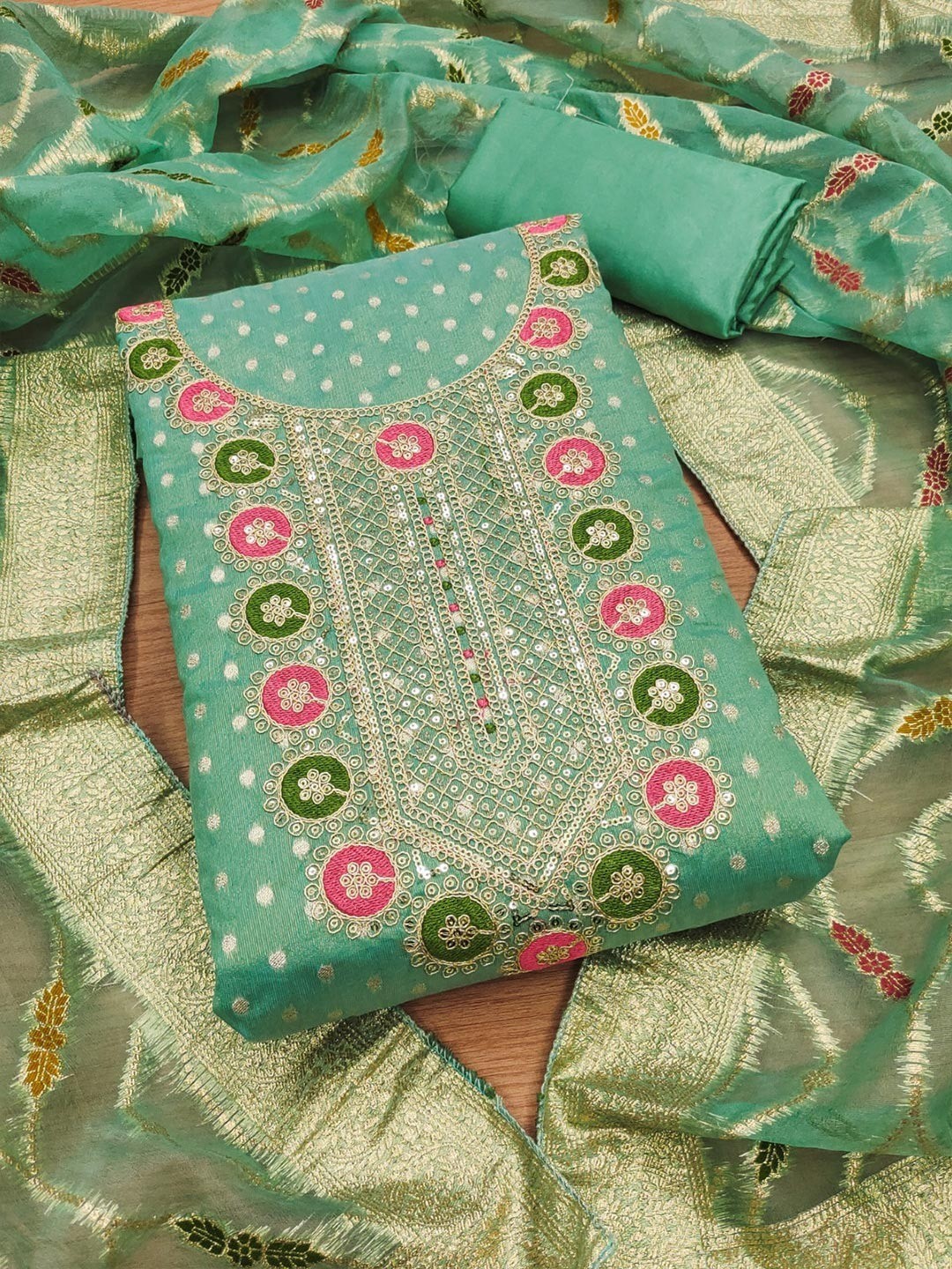 Graceful Turquoise Floral Weaving Shimmer Dress Material Adorned With Cording Sequins Embroidery - Image 4
