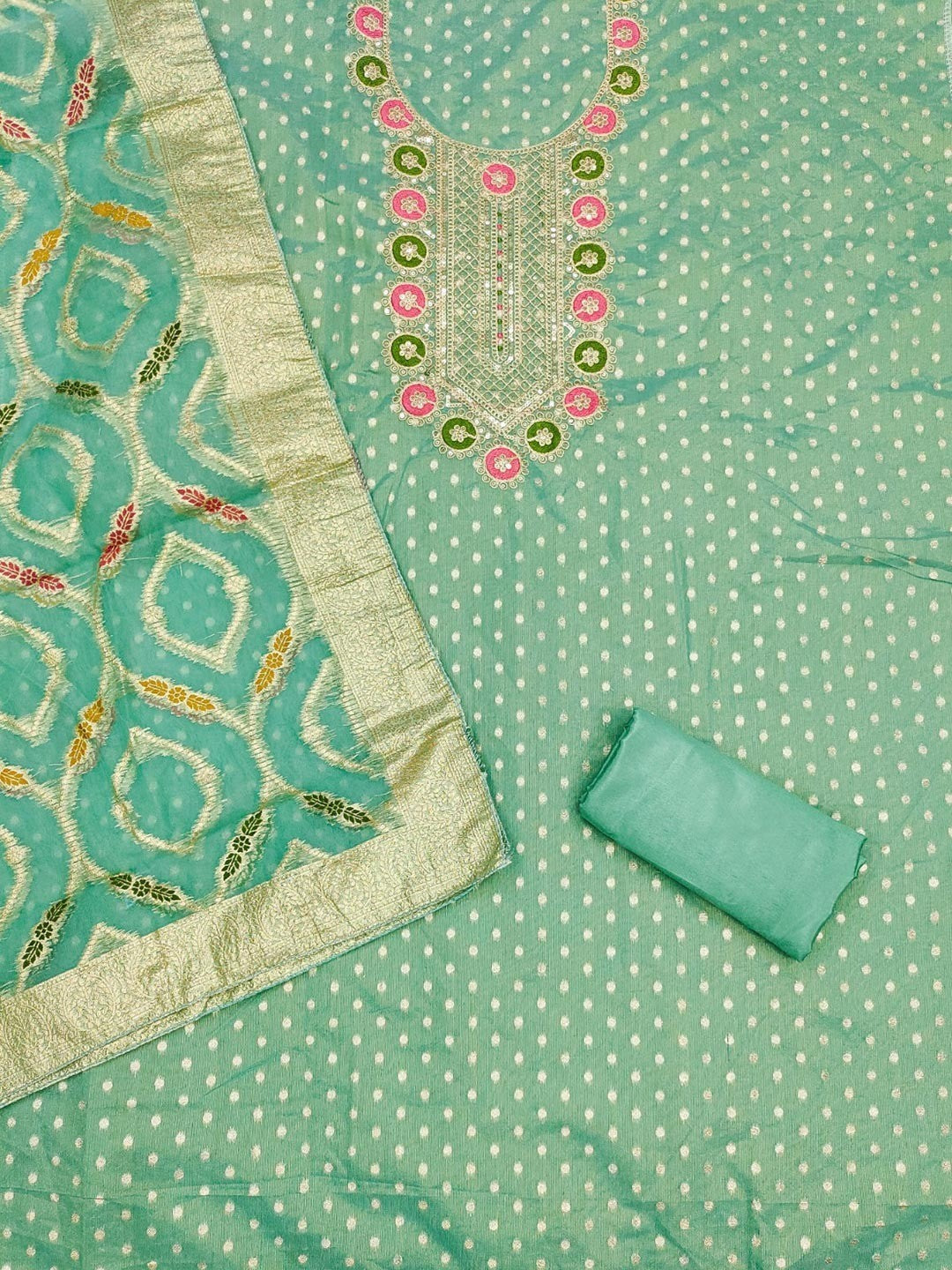 Graceful Turquoise Floral Weaving Shimmer Dress Material Adorned With Cording Sequins Embroidery - Image 3