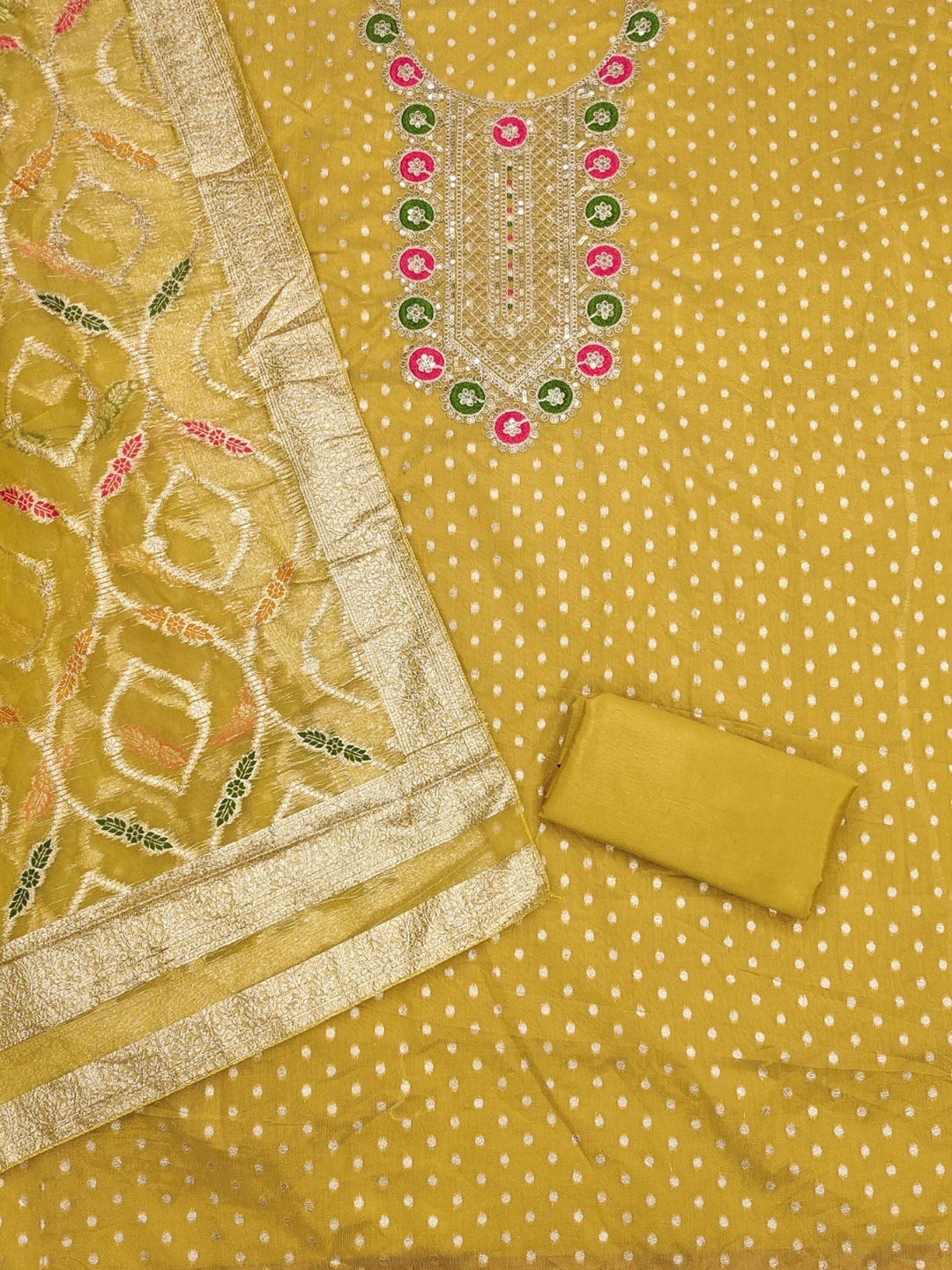 Graceful Mustard Floral Weaving Shimmer Dress Material Adorned With Cording Sequins Embroidery - Image 3