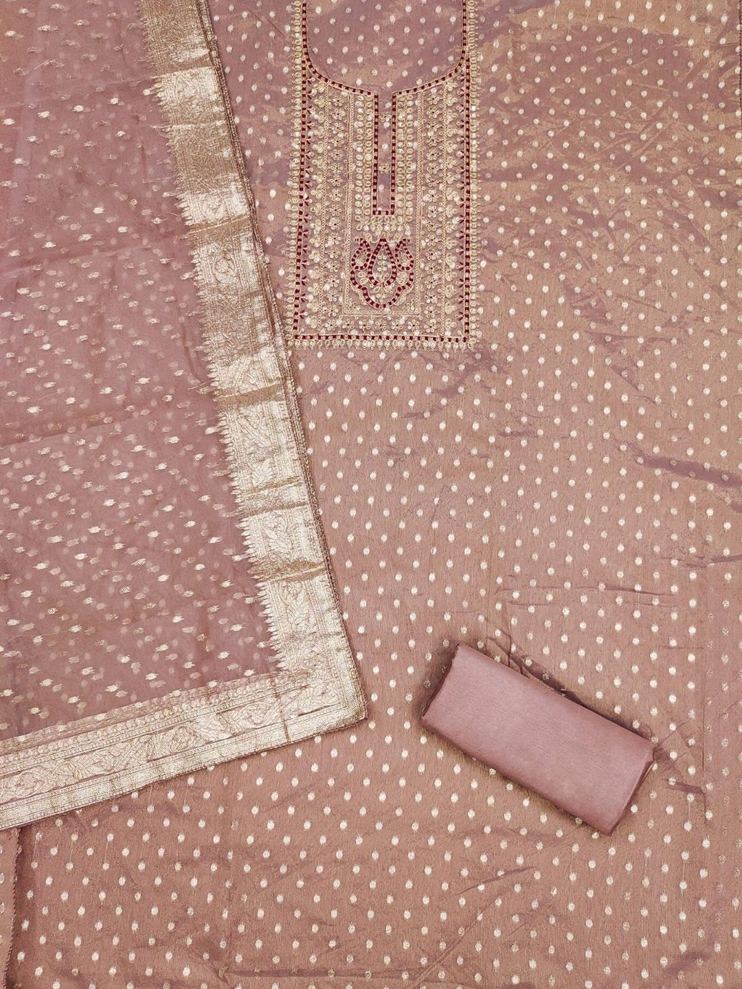 Sophisticated Mauve Floral Cording Sequins Embroidery With Weaving Shimmer Dress Material - Image 3