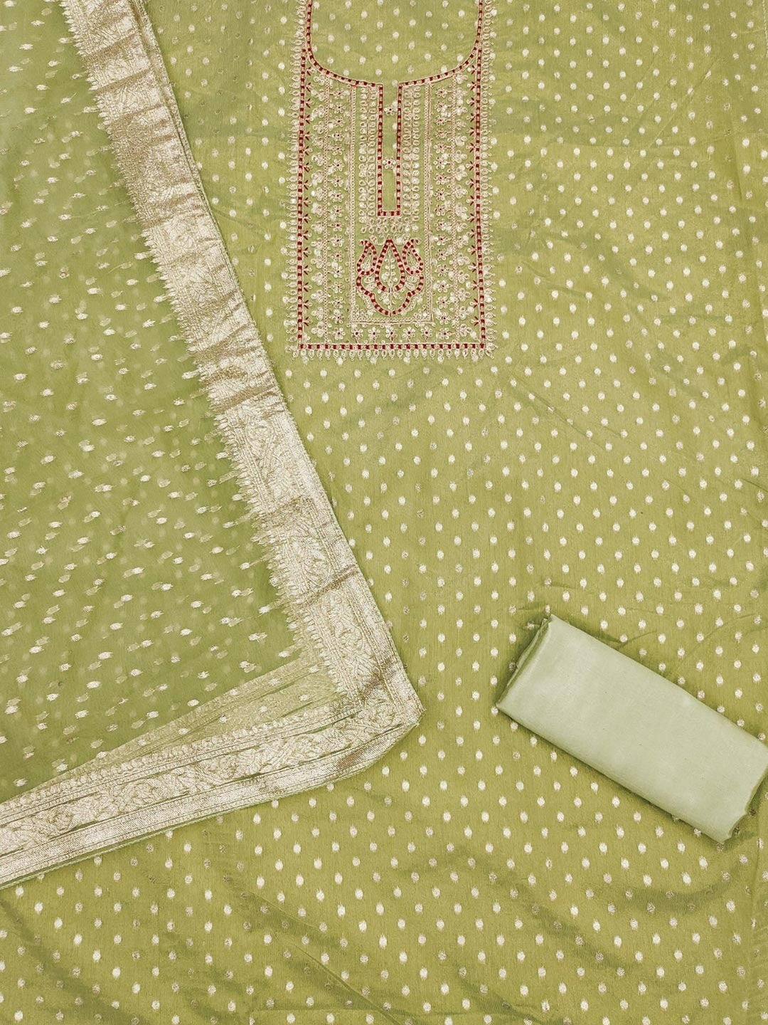 Sophisticated Green Floral Cording Sequins Embroidery With Weaving Shimmer Dress Material - Image 3