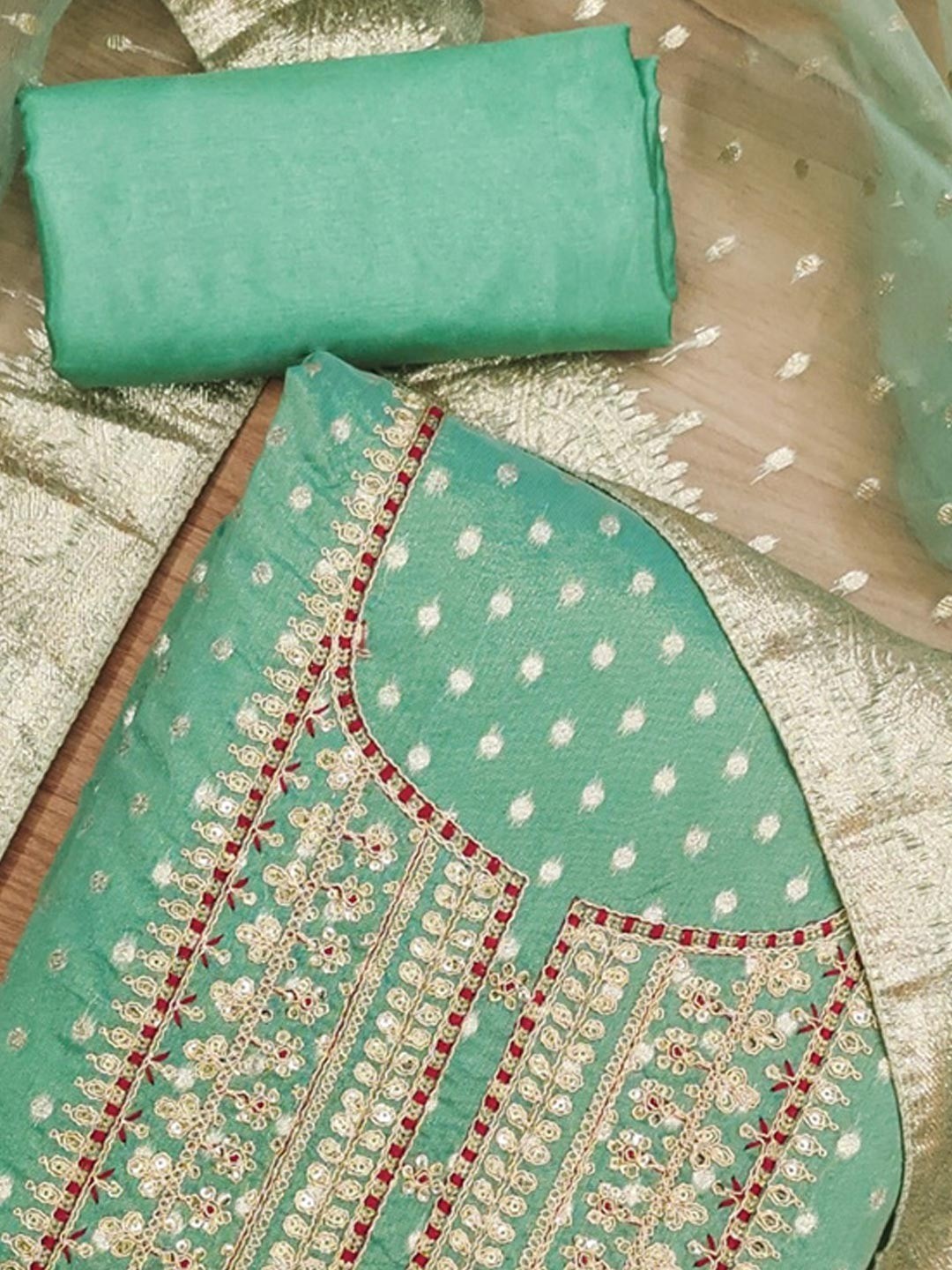 Sophisticated Turquoise Floral Cording Sequins Embroidery With Weaving Shimmer Dress Material - Image 5