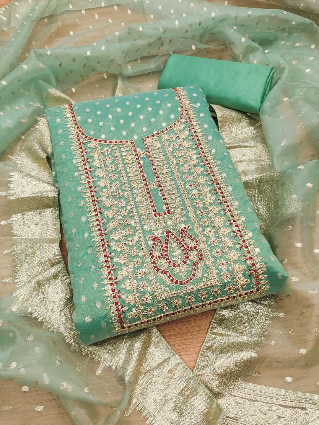 Sophisticated Turquoise Floral Cording Sequins Embroidery With Weaving Shimmer Dress Material - Image 4