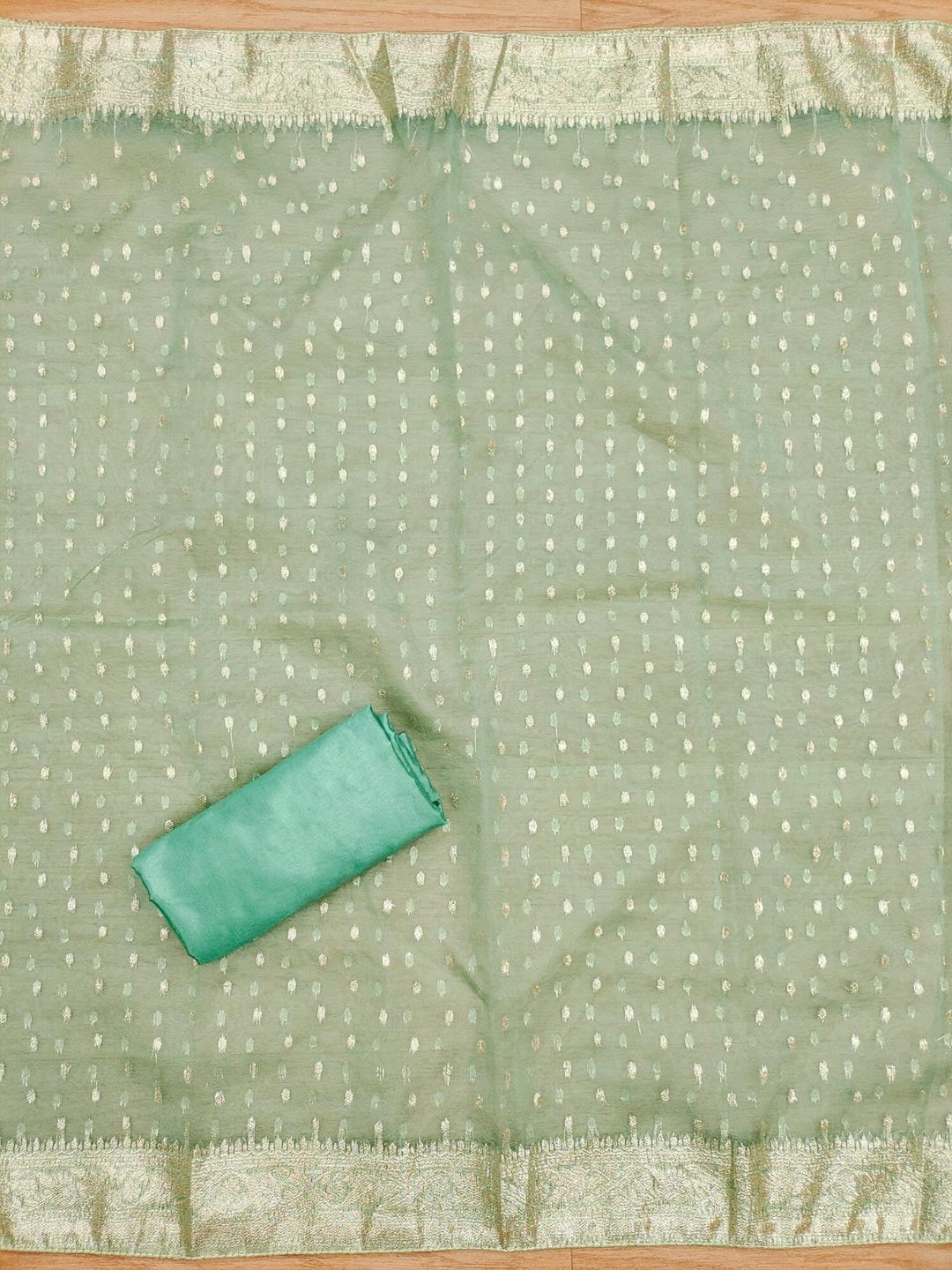 Sophisticated Turquoise Floral Cording Sequins Embroidery With Weaving Shimmer Dress Material - Image 2
