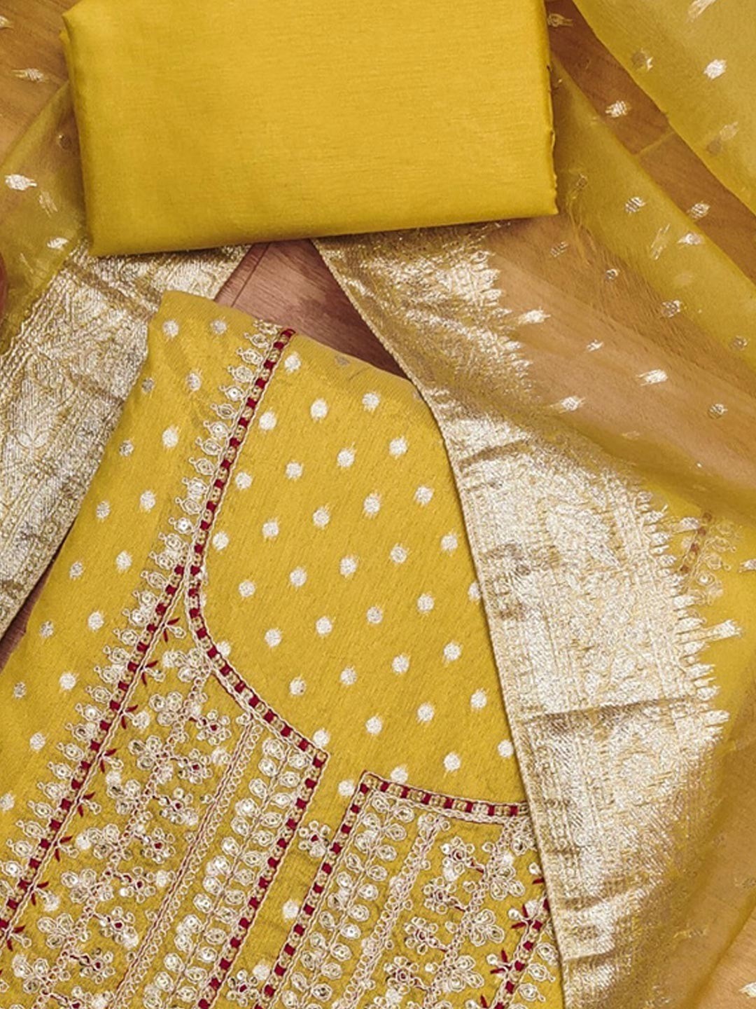 Sophisticated Mustard Floral Cording Sequins Embroidery With Weaving Shimmer Dress Material - Image 5