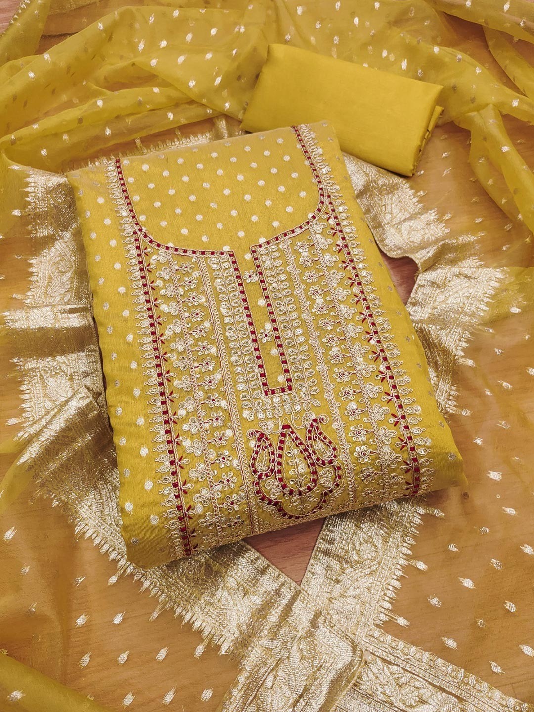 Sophisticated Mustard Floral Cording Sequins Embroidery With Weaving Shimmer Dress Material - Image 4