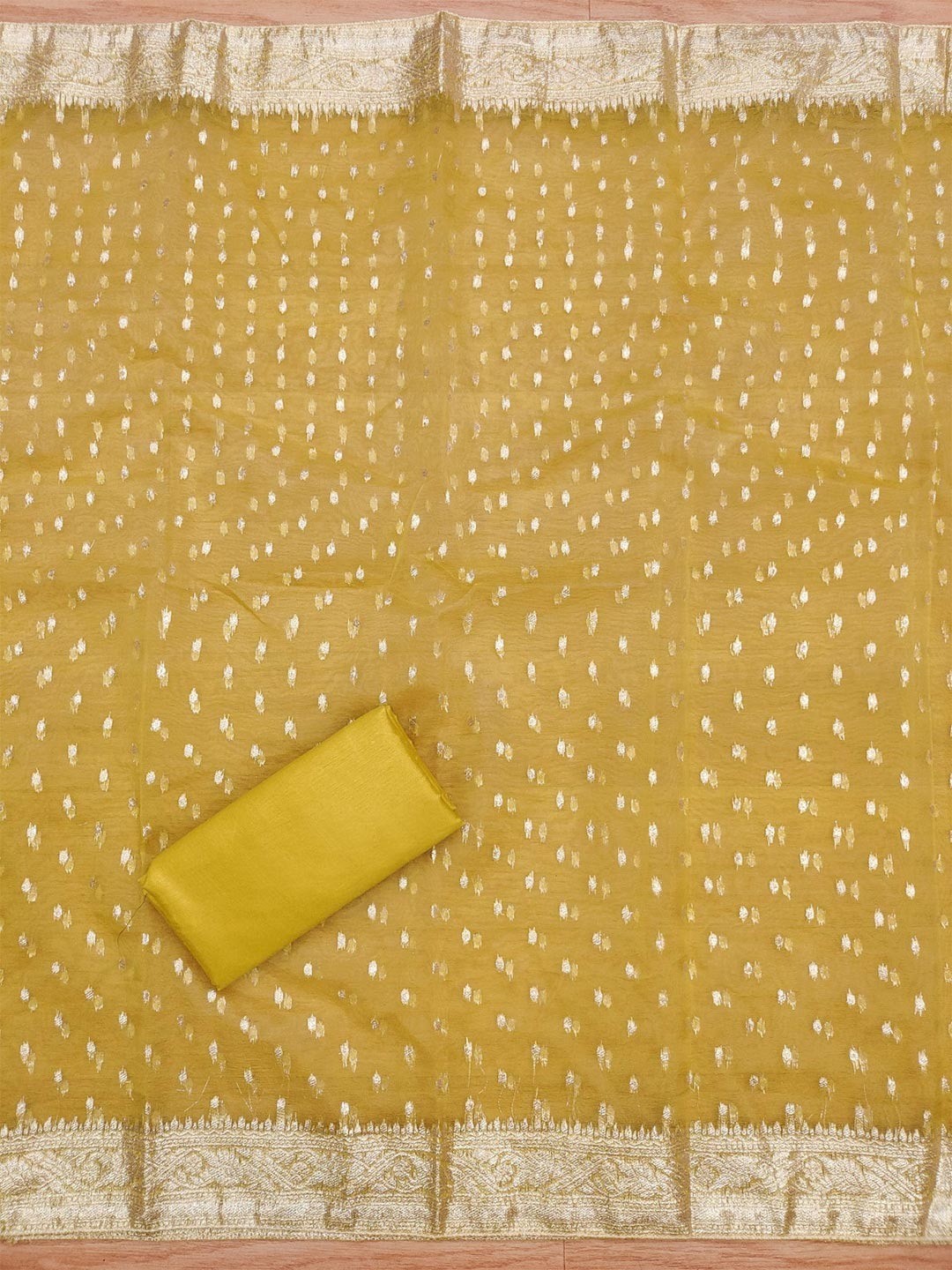 Sophisticated Mustard Floral Cording Sequins Embroidery With Weaving Shimmer Dress Material - Image 2