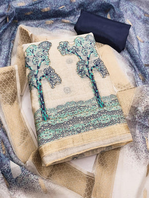 Designer Chikoo & Navy Blue Floral Woven Jacquard Dress Material With Elegant Daman Handwork - Image 1