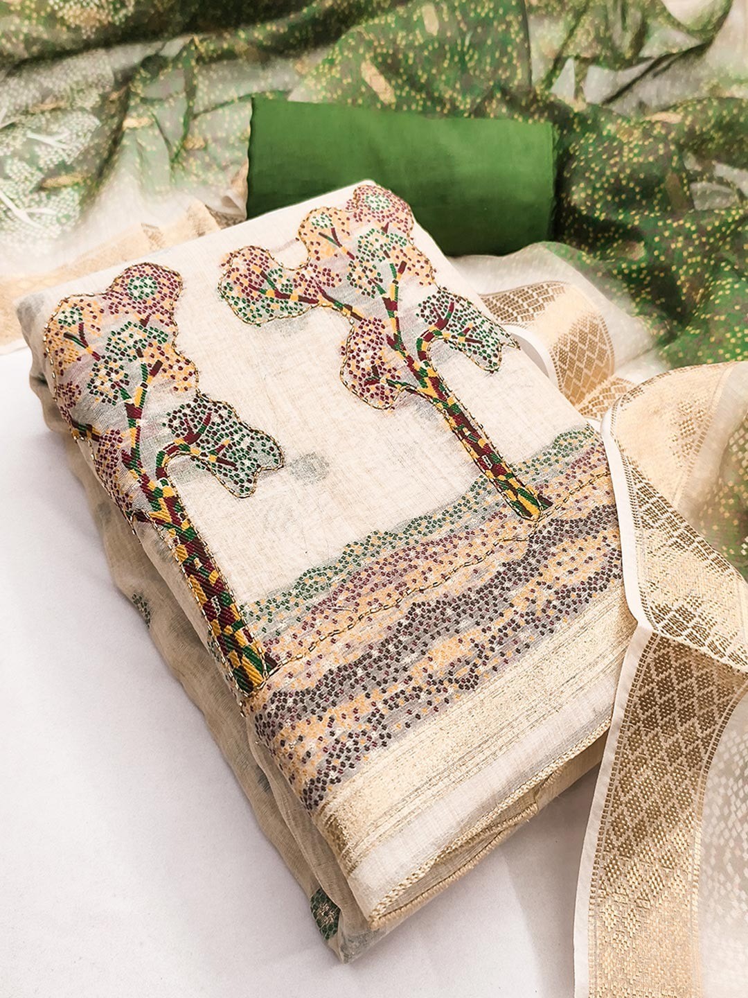 Designer Chikoo & Green Floral Woven Jacquard Dress Material With Elegant Daman Handwork - Image 4