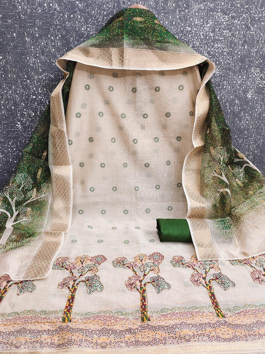 Designer Chikoo & Green Floral Woven Jacquard Dress Material With Elegant Daman Handwork - Image 3