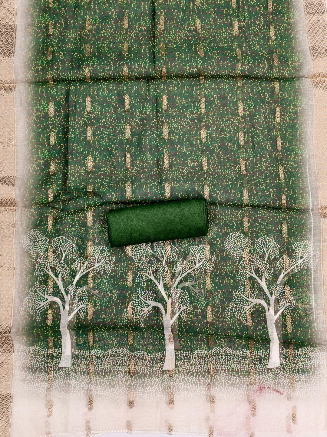 Designer Chikoo & Green Floral Woven Jacquard Dress Material With Elegant Daman Handwork - Image 2