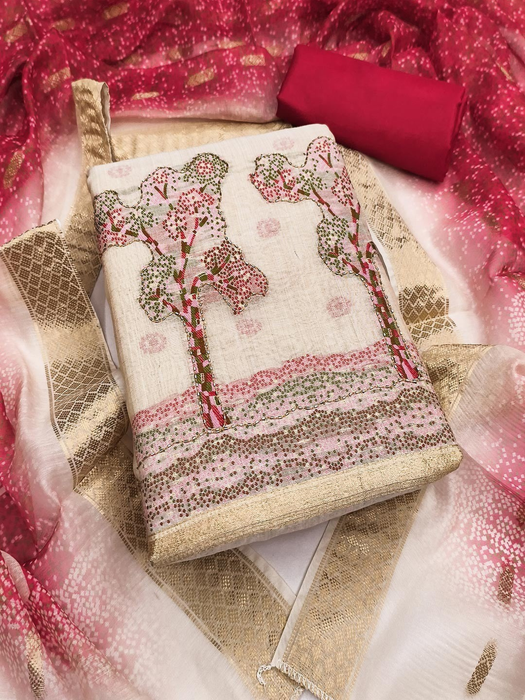 Designer Chikoo & Red Floral Woven Jacquard Dress Material With Elegant Daman Handwork - Image 1