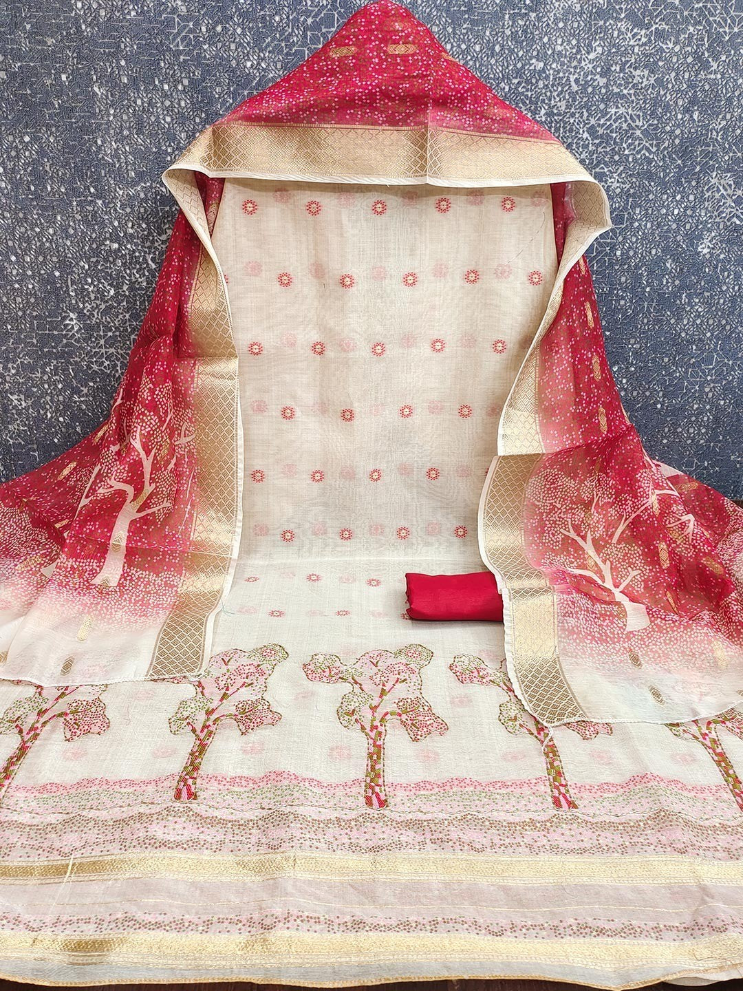 Designer Chikoo & Red Floral Woven Jacquard Dress Material With Elegant Daman Handwork - Image 2