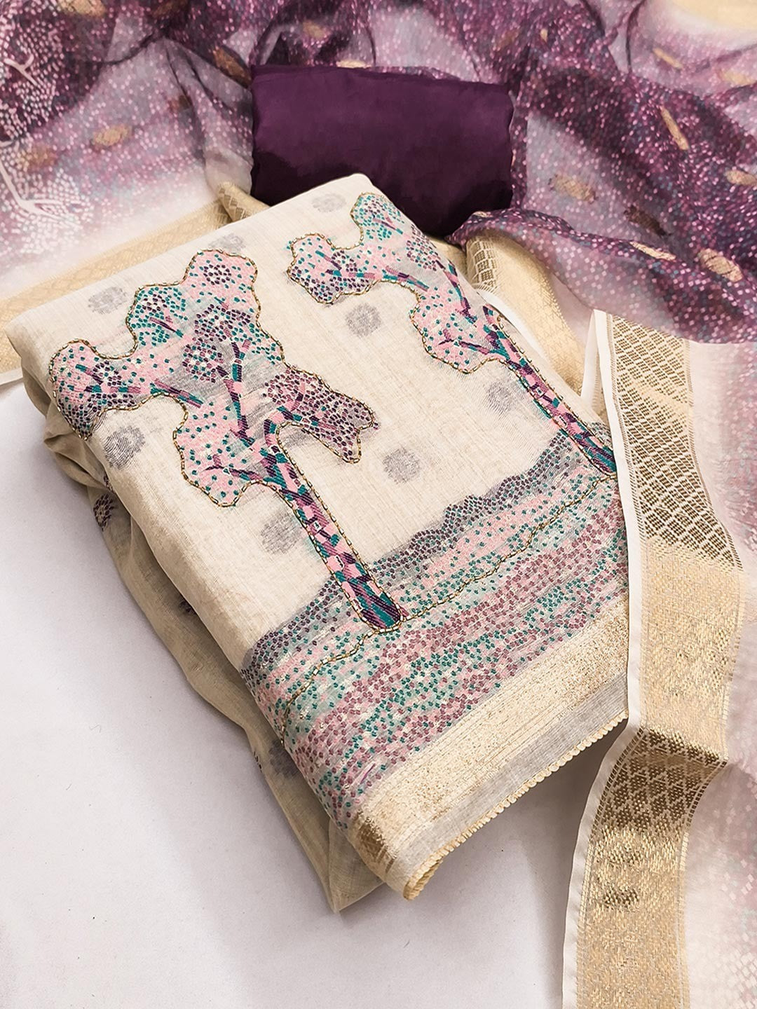 Designer Chikoo & Wine Floral Woven Jacquard Dress Material With Elegant Daman Handwork - Image 4