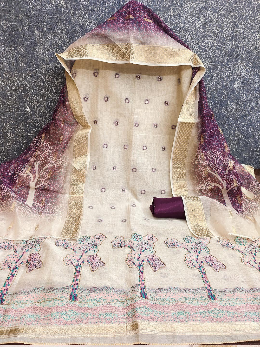 Designer Chikoo & Wine Floral Woven Jacquard Dress Material With Elegant Daman Handwork - Image 3