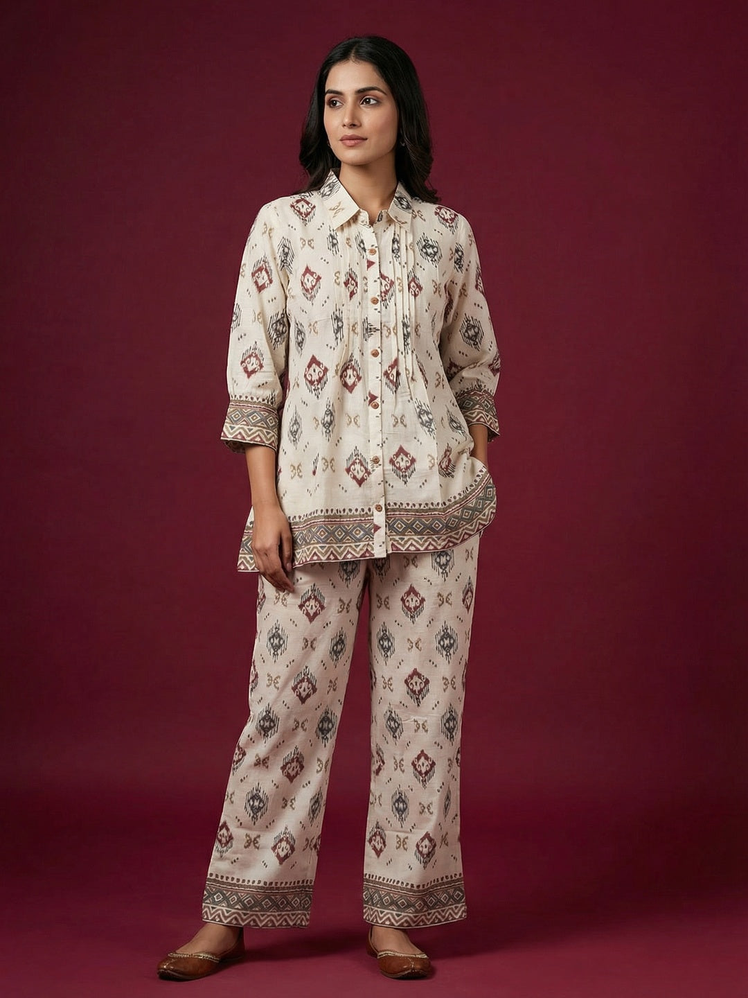 White Ikkat Printed Viscose A-Line Top Bottom Set with Ethnic Contemporary Appeal - Image 1