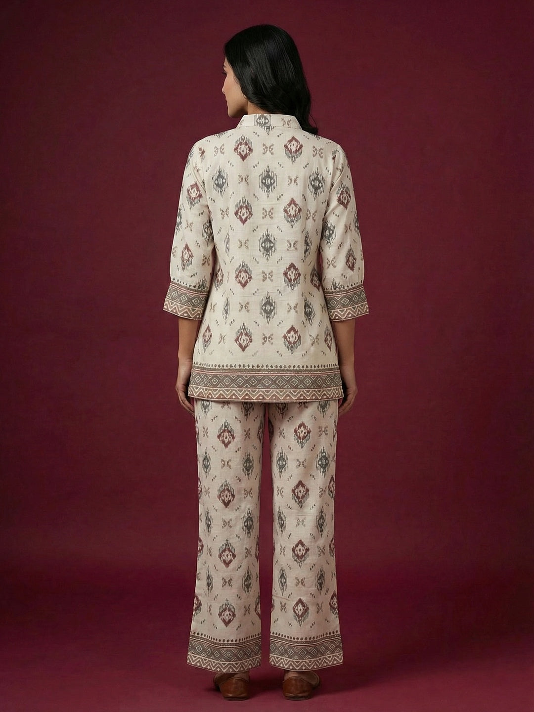 White Ikkat Printed Viscose A-Line Top Bottom Set with Ethnic Contemporary Appeal - Image 2