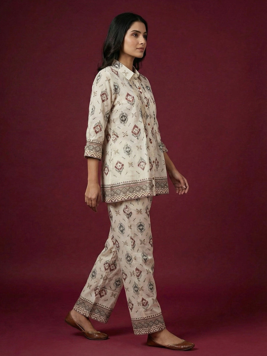 White Ikkat Printed Viscose A-Line Top Bottom Set with Ethnic Contemporary Appeal - Image 3