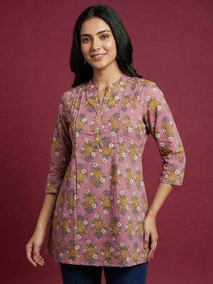 Pink Floral Printed Pure Cotton A-Line Top with Breathable Comfortable Fabric - Image 1