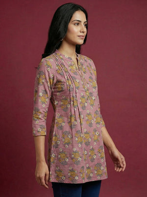 Pink Floral Printed Pure Cotton A-Line Top with Breathable Comfortable Fabric - Image 2