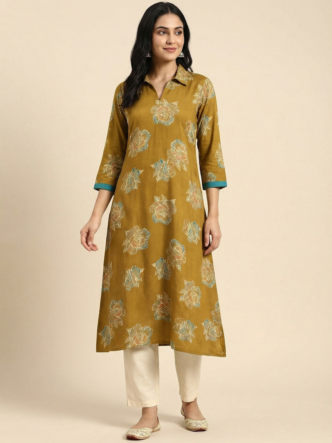 Mustard Floral Printed Viscose Kurti with Collar Neck - Image 1