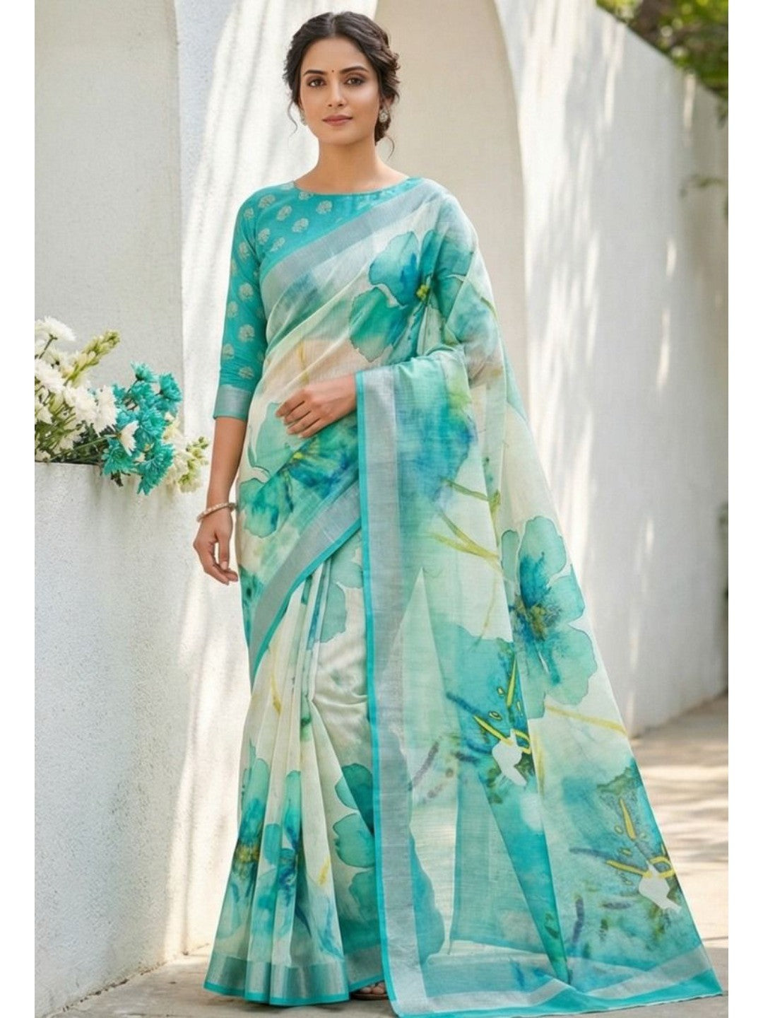 Refreshing Turquoise Floral Digital Printed Linen Saree Accented With A Subtle Silver Border - Image 1
