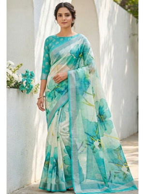 Refreshing Turquoise Floral Digital Printed Linen Saree Accented With A Subtle Silver Border - Image 1