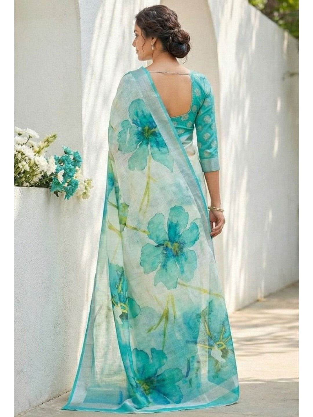 Refreshing Turquoise Floral Digital Printed Linen Saree Accented With A Subtle Silver Border - Image 3